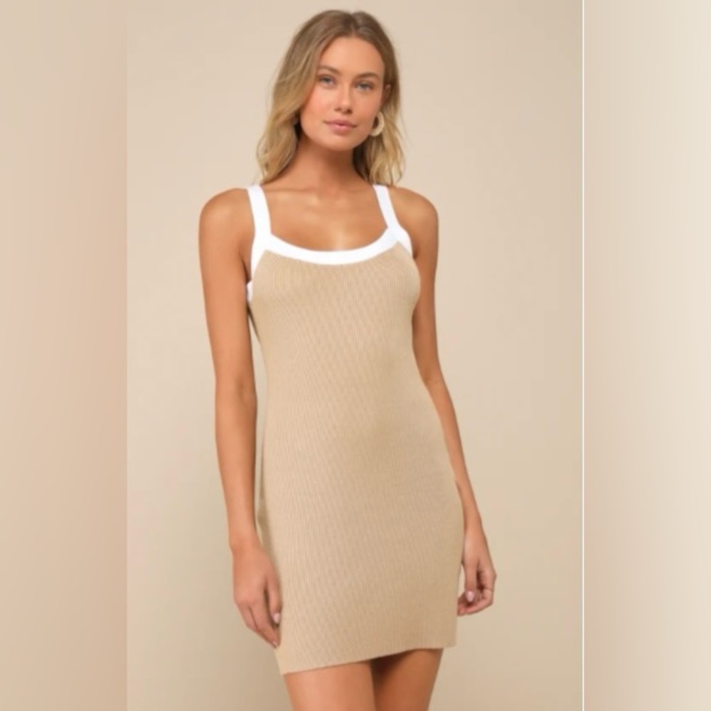 Lulus Tan & White Ribbed Knit Bodycon Dress